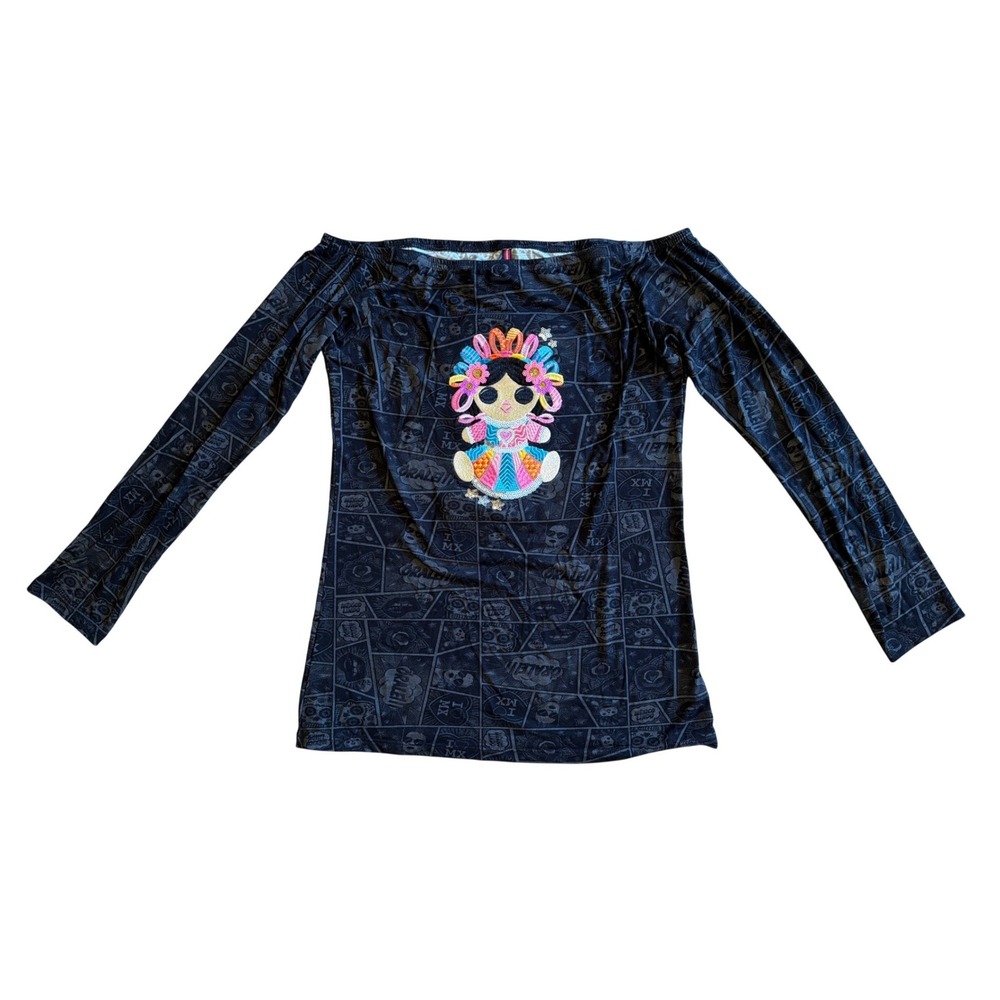 NEW Ay Guey Mexican Lele Doll Sequin Off Shoulder Long Sleeve Top Black Large